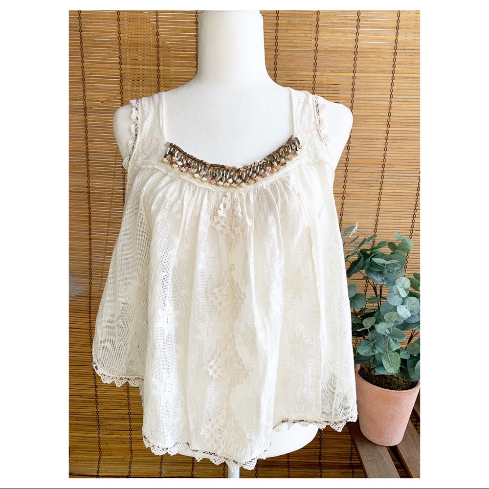 Embroidered Cotton Tank with Beaded Neckline